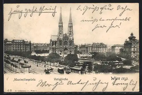 AK Wien, Maximilianplatz mit Votivkirche und Pferdebahn