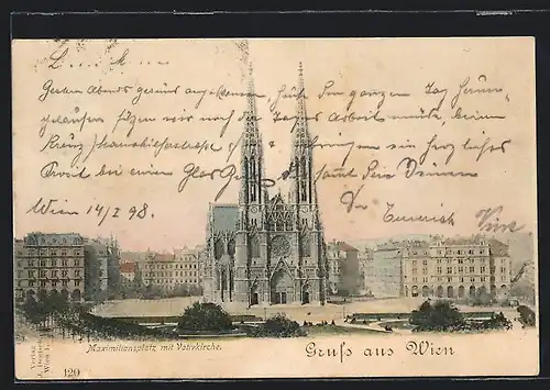 AK Wien, Grünanlage auf dem Maximiliansplatz und Votivkirche