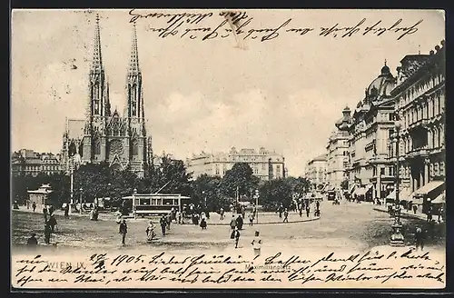 AK Wien, Pferdebahn am Maximilianplatz mit Votivkirche