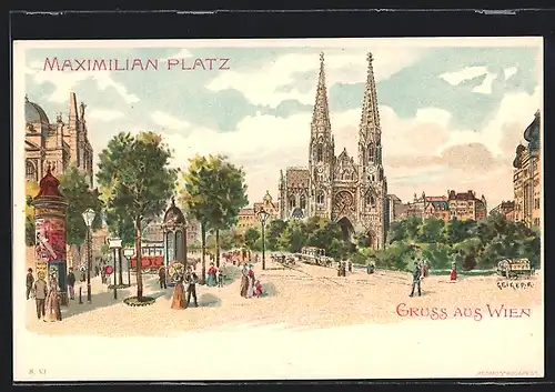 Künstler-AK Richard Hegedüs-Geiger: Wien, Maximiliansplatz mit Kirche und Passanten