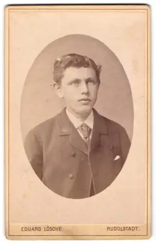 Fotografie Eduard Lösche, Rudolstadt, Mauer-Strasse 454, Jugendlicher Knabe mit welligem Haar im Anzug mit Krawatte