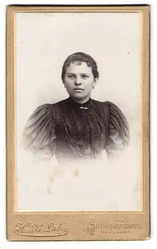 Fotografie H. B. Luh, Seifhennersdorf i. S., Junge Dame im Kleid mit verzierter Brustpartie und Puffärmeln, mit Brosche