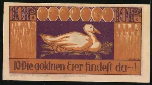 Notgeld Brehna 1921, 10 Pfennig, Gans mit goldenen Eiern, Ritterwappen