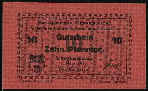 Notgeld Schwabmünchen 1917, 10 Pfennig, Stadtwappen