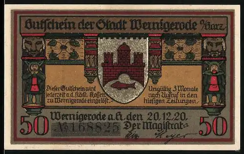 Notgeld Wernigerode a. H. 1920, 50 Pfennig, Rathaus u. Wappen