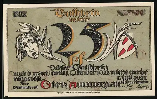 Notgeld Ober-Ammergau 1921, 25 Pfennig, Kreuzdenkmal vor der Stadt, Wappen u. Maske
