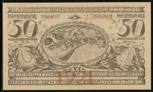 Notgeld Ober-Ammergau 1921, 50 Pfennig, Jesus am Kreuz u. Ortsansicht