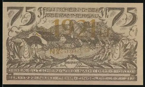 Notgeld Ober-Ammergau 1921, 75 Pfennig, Zwei Männer knien vor einem Kreuz, Stadtansicht