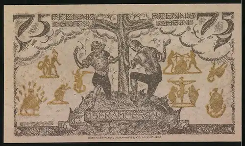 Notgeld Ober-Ammergau 1921, 75 Pfennig, Zwei Männer knien vor einem Kreuz, Stadtansicht