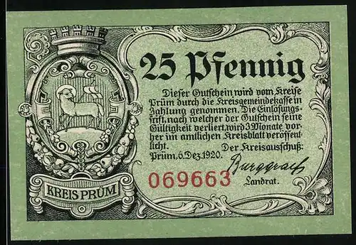 Notgeld Prüm 1920, 25 Pfennig, Wappen mit Schaf, Ruine Schönecken