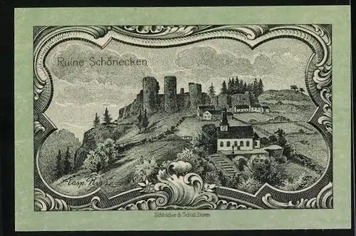 Notgeld Prüm 1920, 25 Pfennig, Wappen mit Schaf, Ruine Schönecken