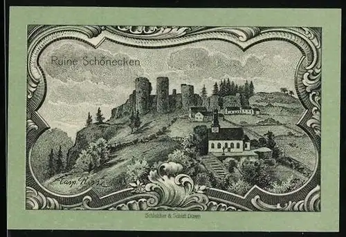 Notgeld Prüm 1920, 25 Pfennig, Ruine Schönecken u. Kirche, Wappen mit Schaf