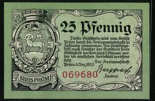 Notgeld Prüm 1920, 25 Pfennig, Ruine Schönecken u. Kirche, Wappen mit Schaf