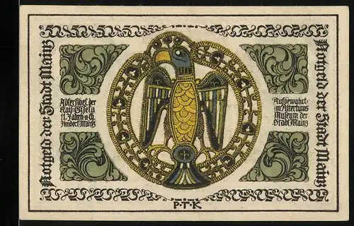 Notgeld Mainz 1921, 50 Pfennig, Adlerfibel d. kaiserlichen Gisela, Wappen