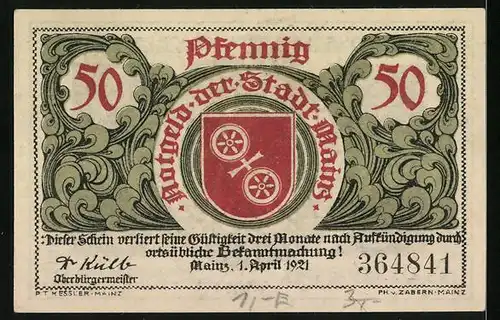 Notgeld Mainz 1921, 50 Pfennig, Adlerfibel d. kaiserlichen Gisela, Wappen