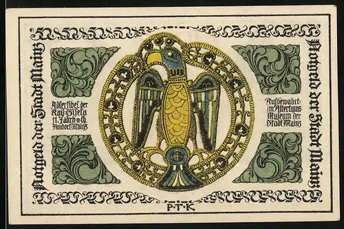 Notgeld Mainz 1921, 50 Pfennig, Adlerfibel d. kaiserlichen Gisela, Stadtwappen