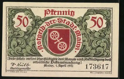 Notgeld Mainz 1921, 50 Pfennig, Adlerfibel d. kaiserlichen Gisela, Stadtwappen