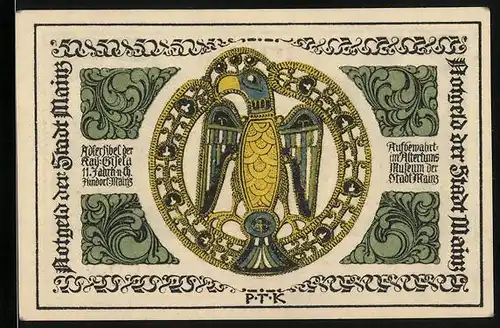 Notgeld Mainz 1921, 50 Pfennig, Adlerfibel d. kaiserlichen Gisela, Wappen v. Mainz