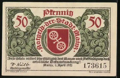 Notgeld Mainz 1921, 50 Pfennig, Adlerfibel d. kaiserlichen Gisela, Wappen v. Mainz