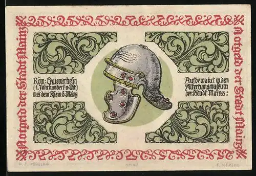 Notgeld Mainz 1921, 25 Pfennig, Röm. Legionarhelm aus dem Rhein, Wappen