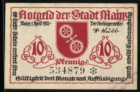 Notgeld Mainz 1921, 10 Pfennig, Wappen d. Erfinders der Buchdruck-Kunst Johannes Gutenberg