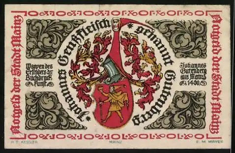 Notgeld Mainz 1921, 10 Pfennig, Wappen d. Erfinders der Buchdruck-Kunst Johannes Gutenberg