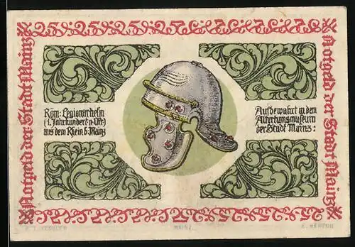 Notgeld Mainz 1921, 25 Pfennig, Röm. Legionärhelm u. Wappen
