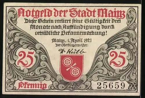 Notgeld Mainz 1921, 25 Pfennig, Röm. Legionärhelm u. Wappen