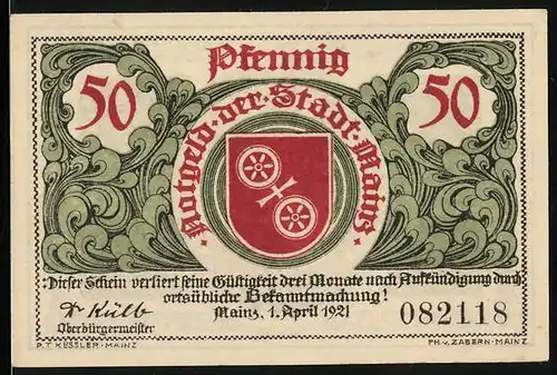 Notgeld Mainz 1921, 50 Pfennig, Adlerfibel d. kaiserlichen Gisela u. Wappen v. Mainz
