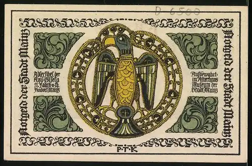 Notgeld Mainz 1921, 50 Pfennig, Adlerfibel d. kaiserlichen Gisela u. Wappen v. Mainz