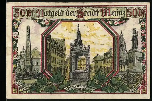 Notgeld Mainz 1921, 50 Pfennig, Marktbrunnen u. Gutenberg Denkmal