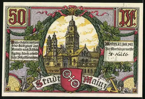 Notgeld Mainz 1921, 50 Pfennig, Mainzer Dom u. Marktbrunnen