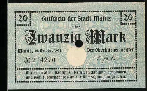 Notgeld Mainz 1918, 20 Pfennig, Prägung Stadtwappen