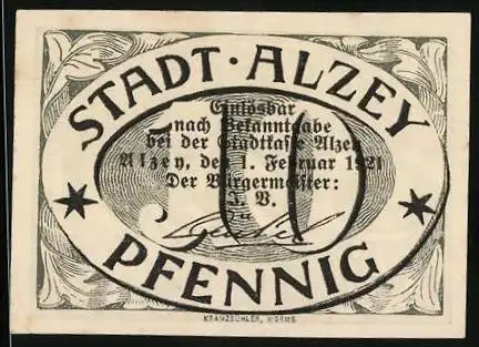 Notgeld Alzey 1921, 10 Pfennig, Sterne