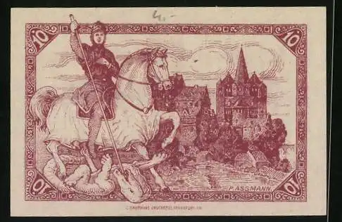 Notgeld Limburg a. d. Lahn 1918, 10 Pfennig, Ritter auf Pferd erlegt Drachen