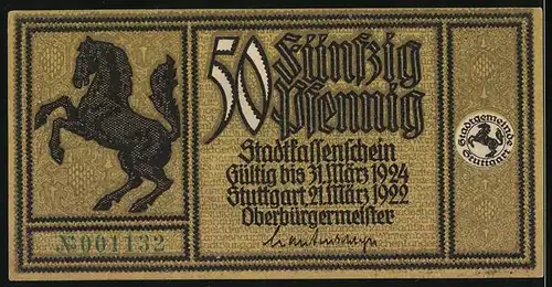 Notgeld Stuttgart 1922, 50 Pfennig, Wappen mit Pferd, Nachrichterturm