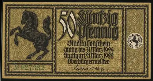 Notgeld Stuttgart 1922, 50 Pfennig, Wappen mit Pferd, Altes Rathaus u. Marktplatz