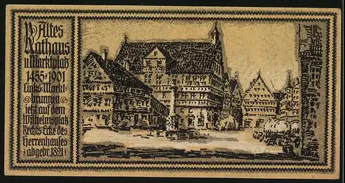 Notgeld Stuttgart 1922, 50 Pfennig, Wappen mit Pferd, Altes Rathaus u. Marktplatz