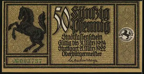Notgeld Stuttgart 1922, 50 Pfennig, Wappen mit Pferd, Mittlere Königstrasse u. Lindenstrasse