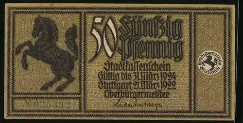 Notgeld Stuttgart 1922, 50 Pfennig, Wappen mit Pferd, Unterer See