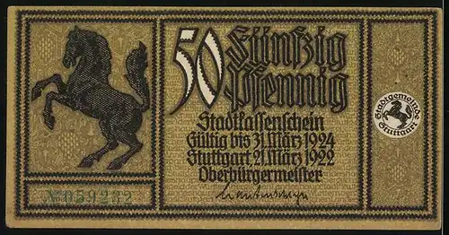 Notgeld Stuttgart 1922, 50 Pfennig, Neckartor mit Invalidenhaus, Landesbibliothek u. Akademiegebäude