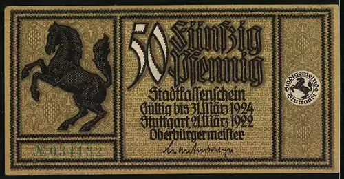 Notgeld Stuttgart 1922, 50 Pfennig, Wappen mit Pferd, Hauptstätter Tor a. d. Thorstrasse