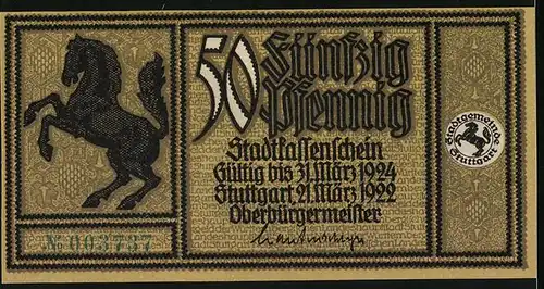 Notgeld Stuttgart 1922, 50 Pfennig, Wappen mit Pferd, Der untere See