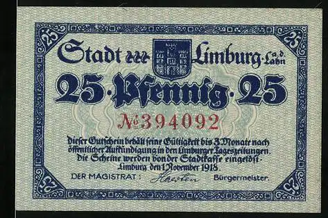 Notgeld Limburg a. d. Lahn 1918, 25 Pfennig, Ritter zu Pferd im Kampf mit Drachen
