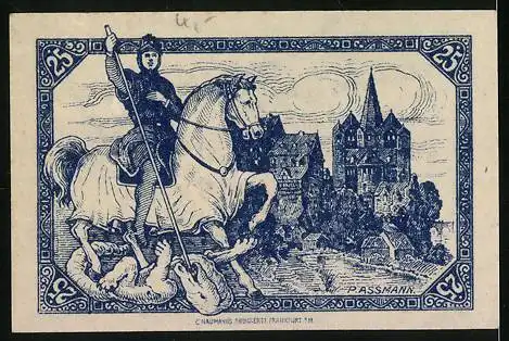 Notgeld Limburg a. d. Lahn 1918, 25 Pfennig, Ritter zu Pferd im Kampf mit Drachen