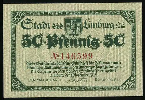 Notgeld Limburg a. d. Lahn 1918, 50 Pfennig, Ritter vor Burg im Kampf mit Drachen