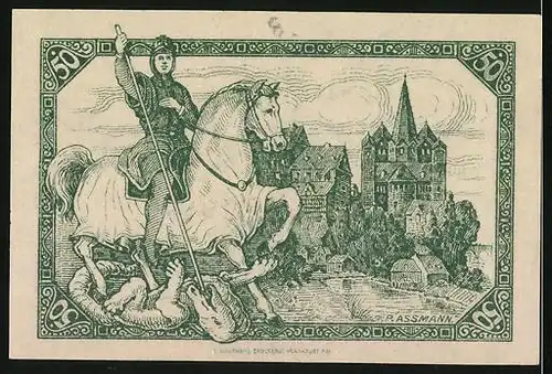 Notgeld Limburg a. d. Lahn 1918, 50 Pfennig, Ritter vor Burg im Kampf mit Drachen
