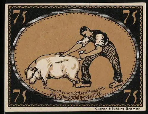 Notgeld Diepholz 1921, 75 Pfennig, Mann zieht Schwein am Schwanz