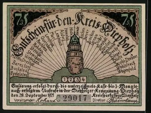 Notgeld Diepholz 1921, 75 Pfennig, Ehepaar zankt sich