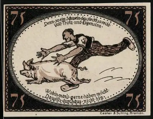 Notgeld Diepholz 1921, 75 Pfennig, Mann jagt ein Schwein